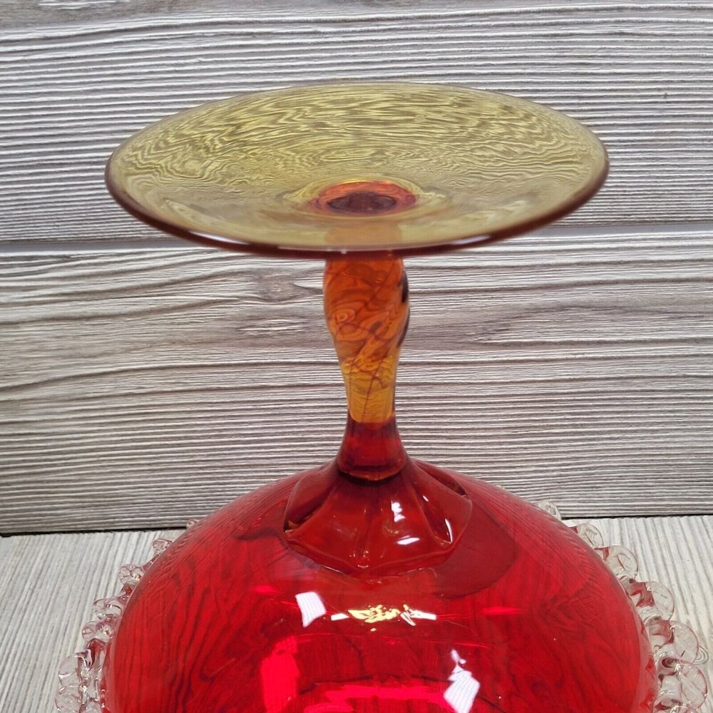 Vintage Ruby Red‎ Art Glass Pedestal Compote Bowl Clear Ruffled Edge 7.5 Inch - Picture 10 of 13